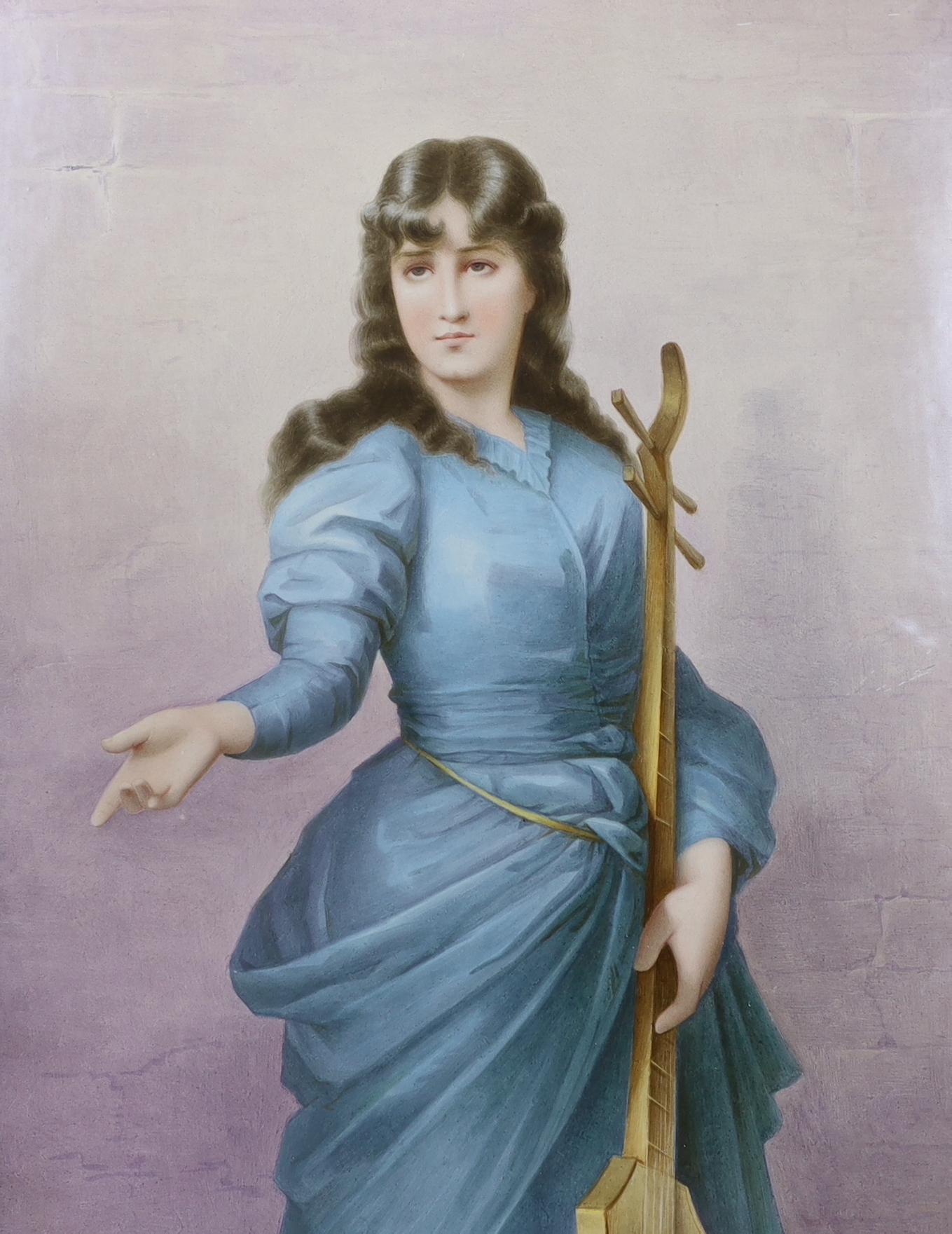 A large Vienna style porcelain plaque of a lady musician, indistinctly signed, gilt Florentine frame, 43x27cm